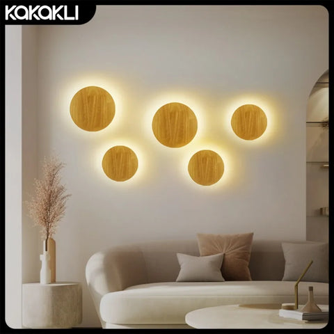 Wooden LED Wall Lamp Modern and Simple Circular Home Light Living Room Background Wall Bedside Staircase Room Decoration Light